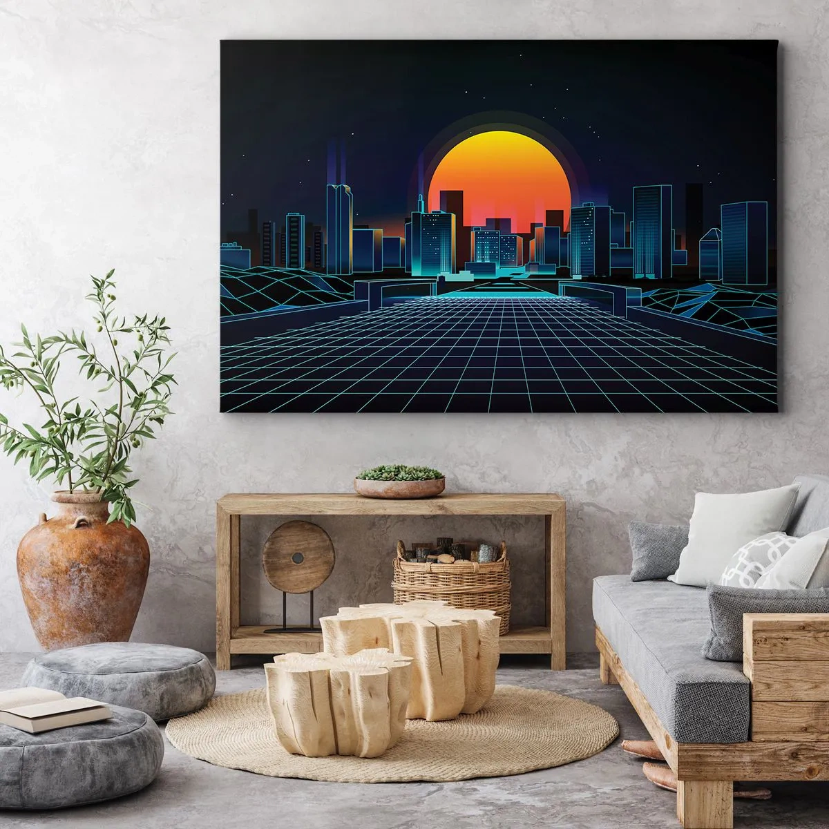 Bild auf Leinwand - Leinwandbild - Futuristische Skyline im Neon-Stil - 70x50cm - Willst du immer noch zu Real gehen? - Moderne Wanddekoration für Wohnzimmer und Schlafzimmer ARTTOR