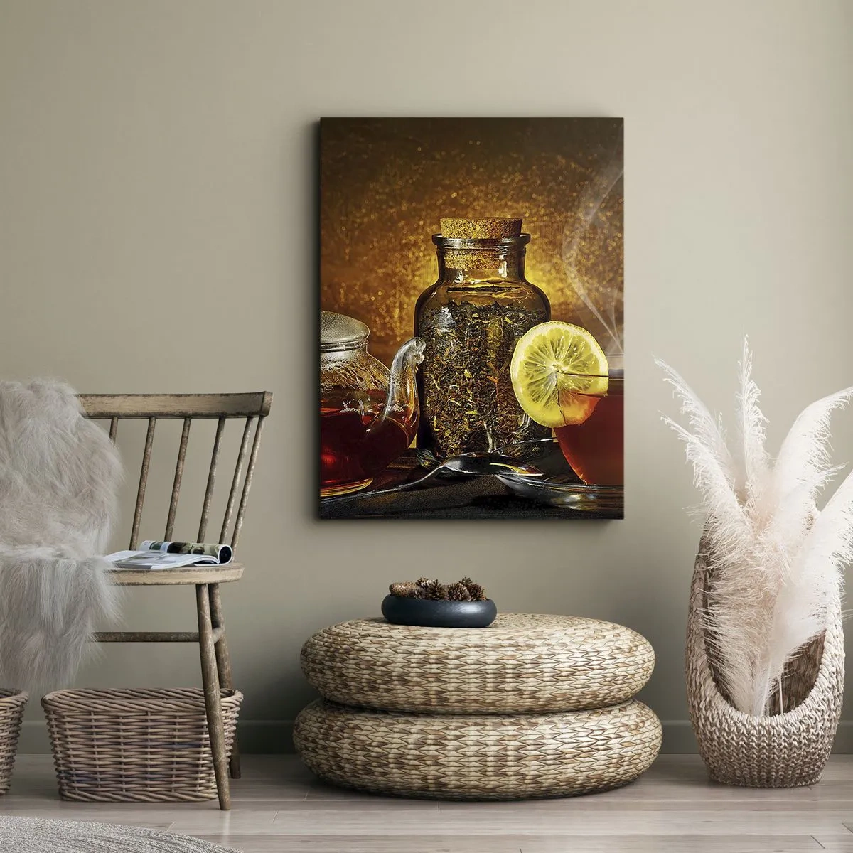 Bild auf Leinwand - Leinwandbild - Tee in einer Glaskanne mit Zitrone und losem Tee - 50x70cm - Im Stil der niederländischen Meister - Moderne Wanddekoration für Wohnzimmer und Schlafzimmer ARTTOR