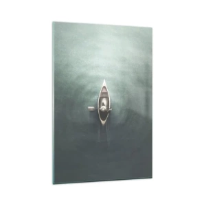 Glasbild - Bild auf glas - Ein einsames Boot auf ruhigem Wasser in minimalistischer Umgebung - 80x120cm - Durch den Mondsee - Moderne Wanddekoration für Wohnzimmer und Schlafzimmer ARTTOR