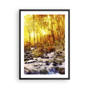 Poster in einem schwarzem Rahmen - Herbstlicher Wald mit rauschendem Bach im Licht der untergehenden Sonne - 50x70cm - In Gold und Platin gefasste Steine - Moderne Wanddekoration für Wohnzimmer und Schlafzimmer ARTTOR