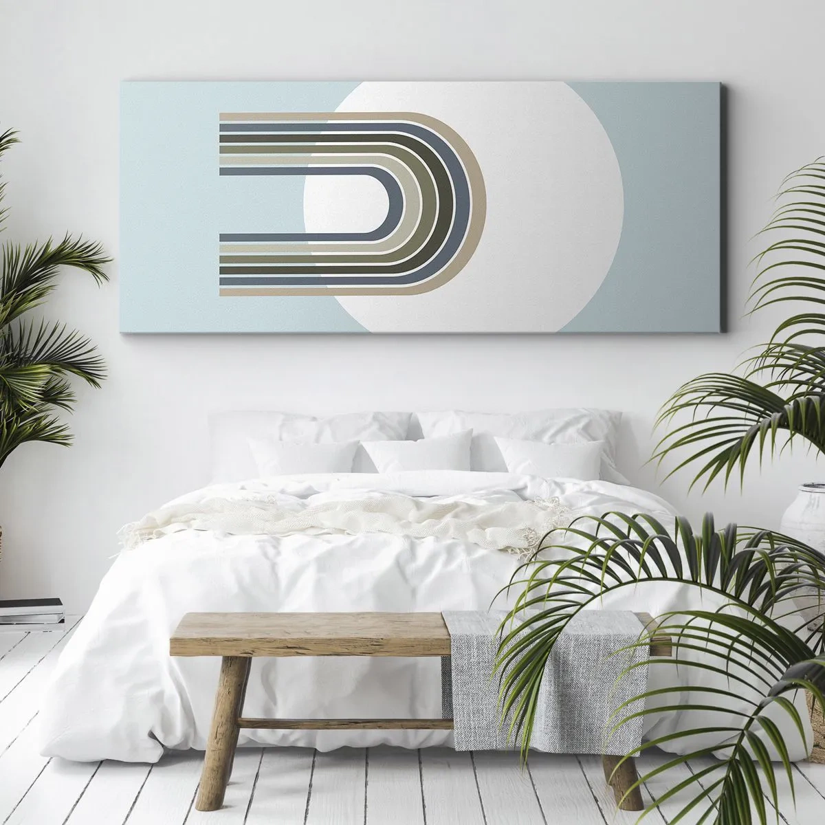 Bild auf Leinwand - Leinwandbild - Eine minimalistische Komposition mit einem Kreis und Linien auf pastellfarbenem Hintergrund. - 140x50cm - Unwiderstehliche Anziehungskraft - Moderne Wanddekoration für Wohnzimmer und Schlafzimmer ARTTOR