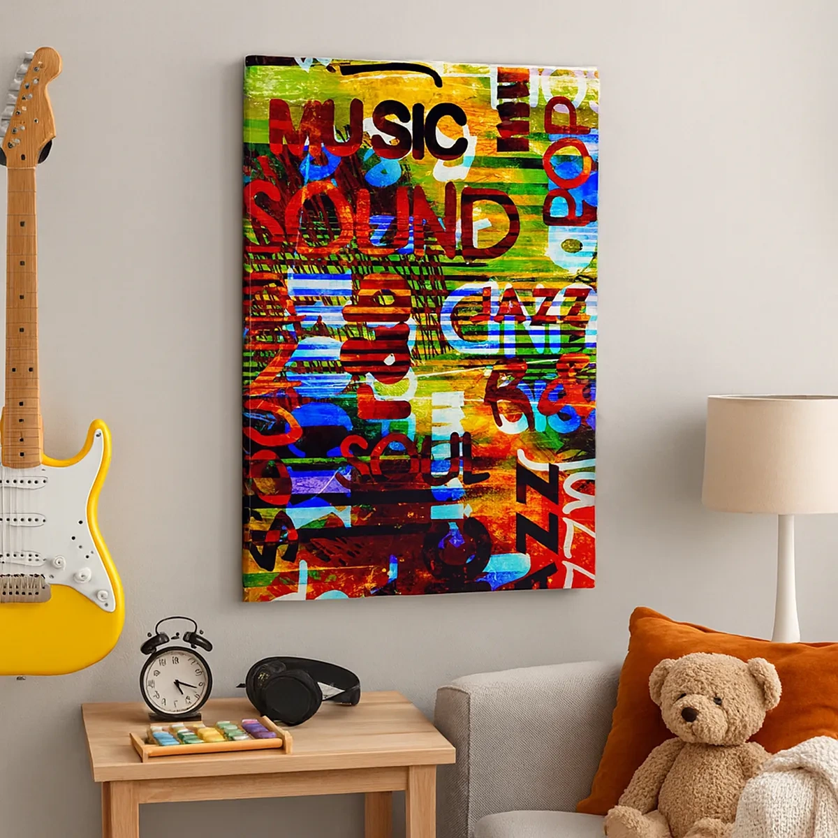 Bild auf Leinwand - Leinwandbild - Bunte Abstraktion mit Musikinschriften im Pop-Art-Stil - 50x70cm - Alle Farben des Klangs - Moderne Wanddekoration für Wohnzimmer und Schlafzimmer ARTTOR