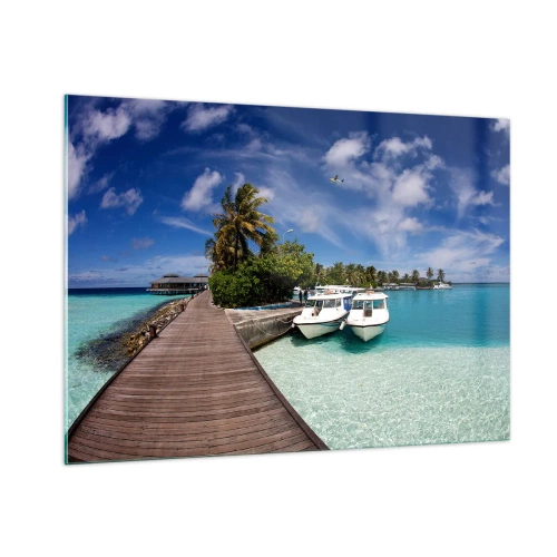 Glasbild - Bild auf glas - Exotischer Pier, Boote und türkisfarbenes Wasser - 100x70cm - Doch das Paradies gibt es - Moderne Wanddekoration für Wohnzimmer und Schlafzimmer ARTTOR