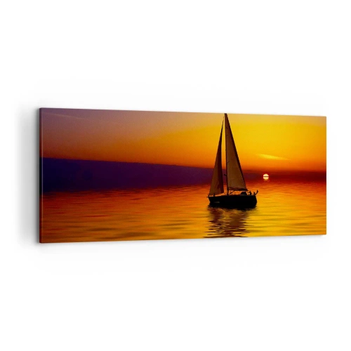 Bild auf Leinwand - Leinwandbild - Ein Segelboot auf ruhiger See bei Sonnenuntergang - 120x50cm - Wie ruhig es hier in der Abenddämmerung ist... - Moderne Wanddekoration für Wohnzimmer und Schlafzimmer ARTTOR