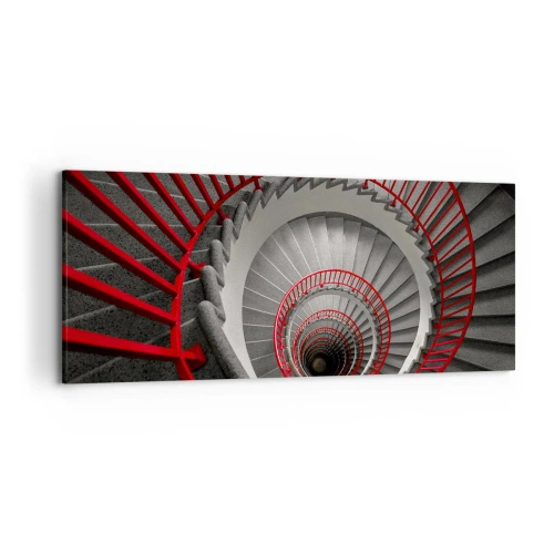Bild auf Leinwand - Leinwandbild - Wendeltreppe mit roten Handläufen in dynamischer Perspektive - 120x50cm - Architekturspaß - Moderne Wanddekoration für Wohnzimmer und Schlafzimmer ARTTOR
