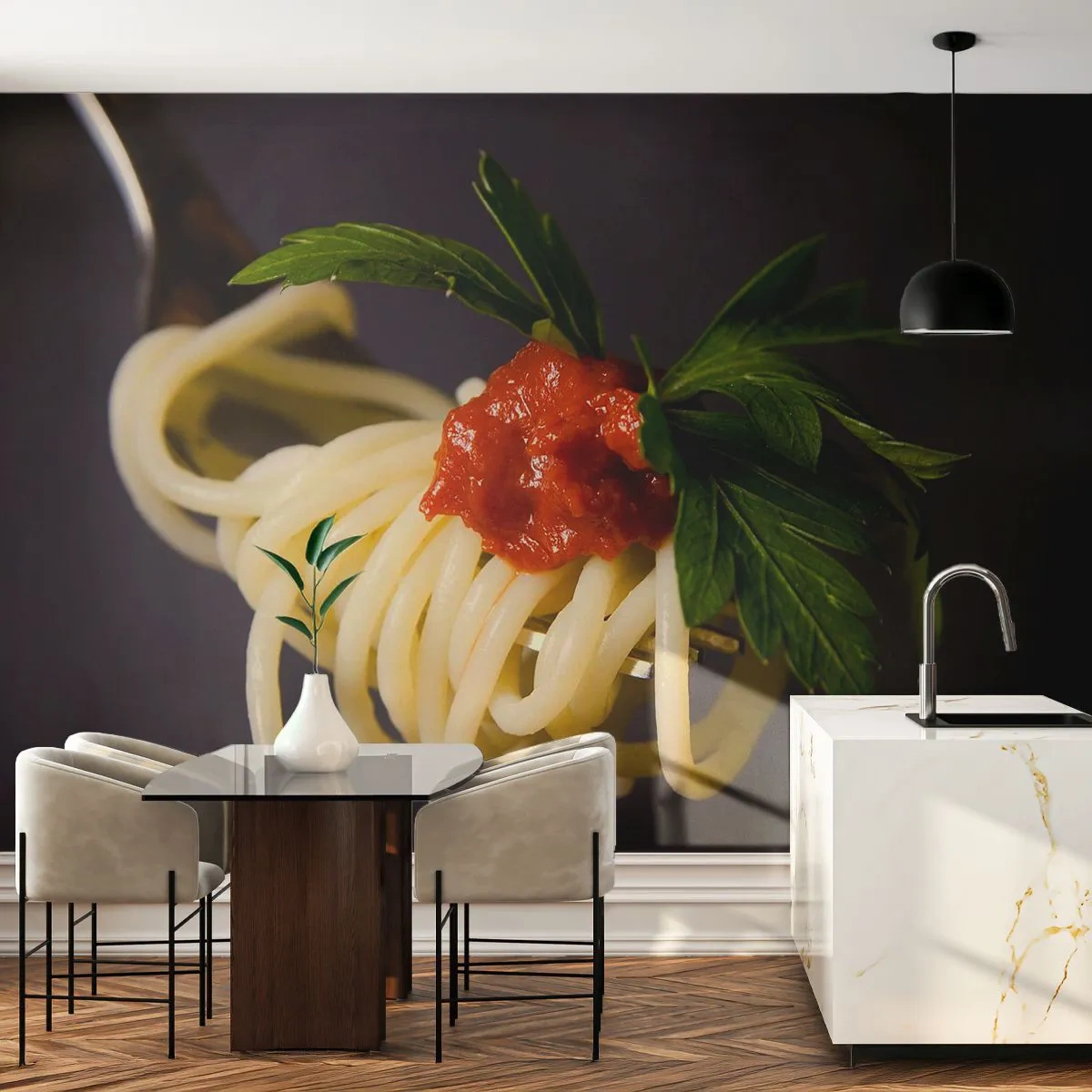 Fototapete Premium Sand - Spaghetti auf einer Gabel mit Tomatensauce und Petersilie - 100x70cm - Ein leckerer Bissen - Moderne Wanddekoration für Wohnzimmer und Schlafzimmer ARTTOR