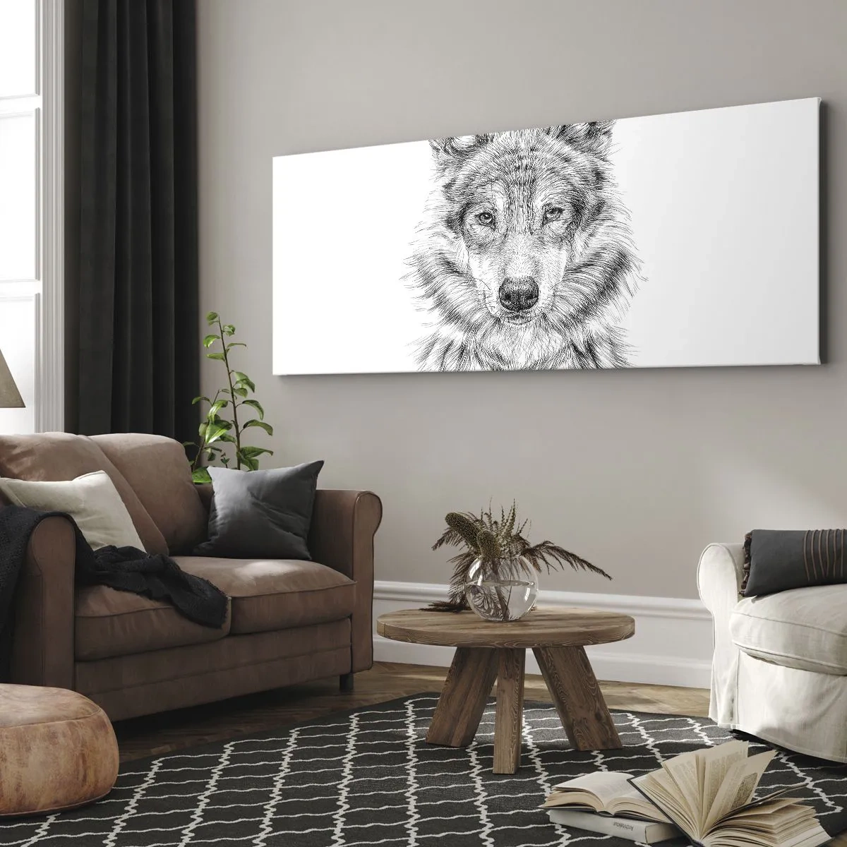 Bild auf Leinwand - Leinwandbild - Skizze eines Wolfskopfes im monochromen Stil auf weißem Hintergrund - 160x50cm - Ein geborener Anführer - Moderne Wanddekoration für Wohnzimmer und Schlafzimmer ARTTOR