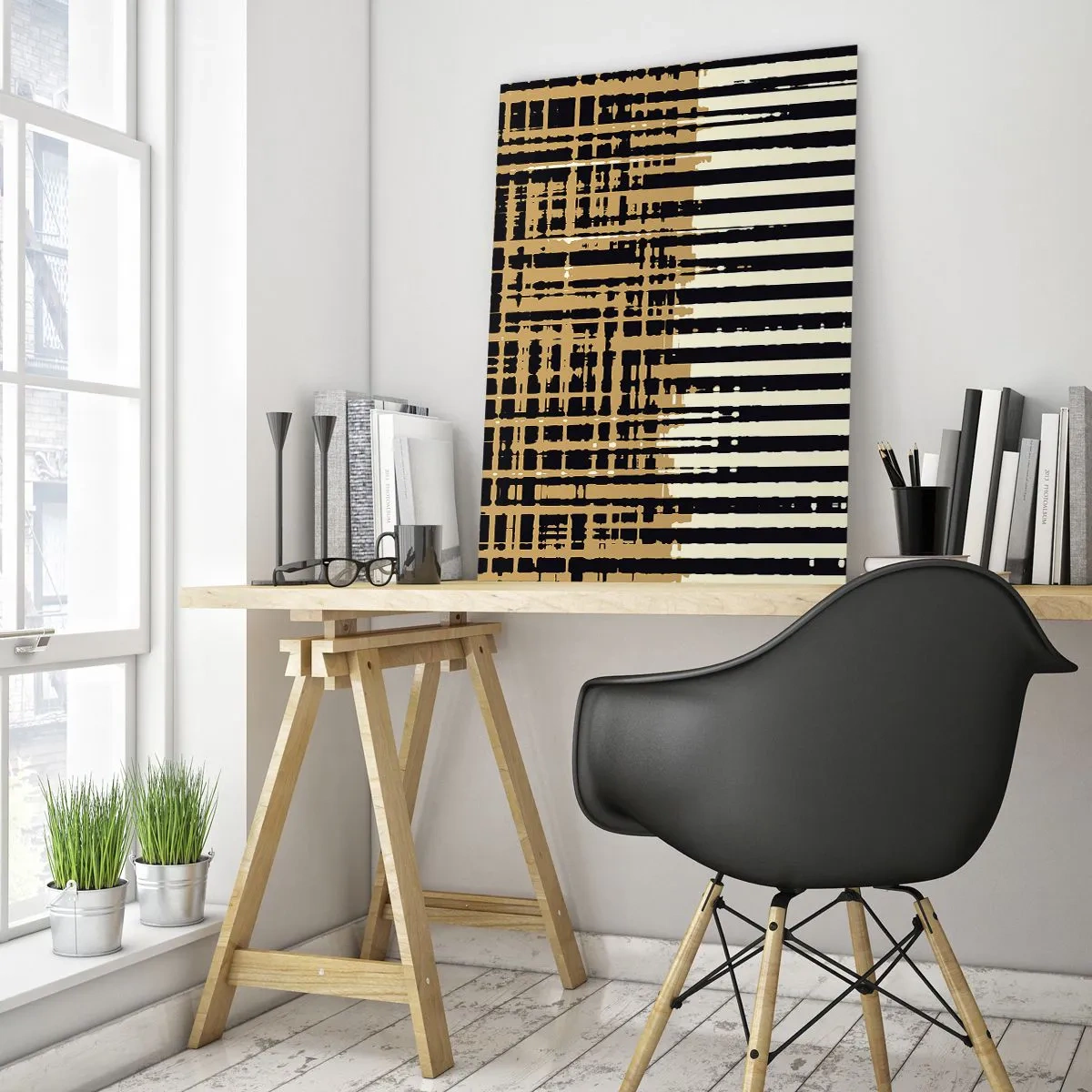 Glasbild - Bild auf glas - Abstrakte Linien in Schwarz, Beige und Weiß - 80x120cm - Architektonische Abstraktion - Moderne Wanddekoration für Wohnzimmer und Schlafzimmer ARTTOR