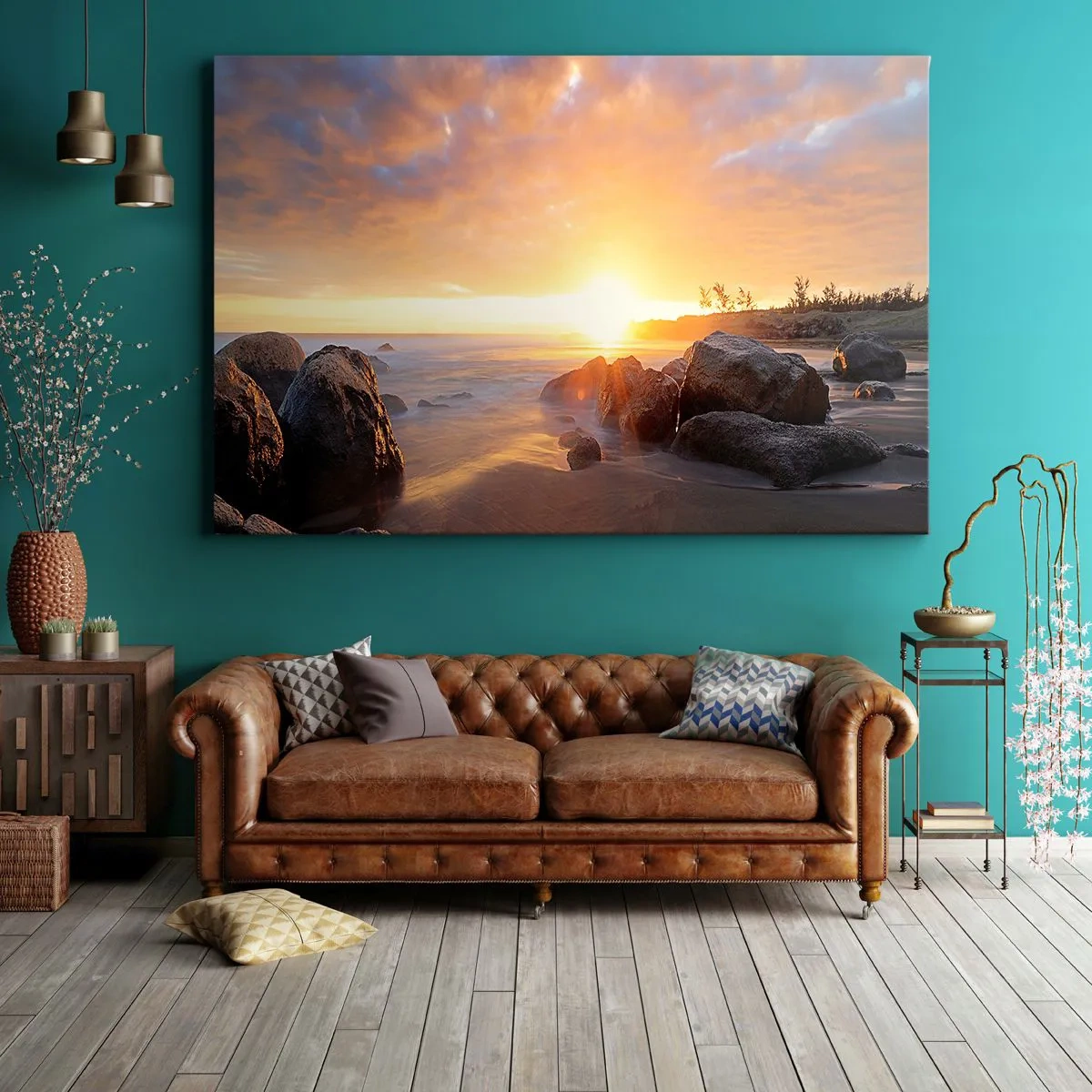 Bild auf Leinwand - Leinwandbild - Sonnenuntergang über der felsigen Küste - 120x80cm - Leuchtende Brise des Abends - Moderne Wanddekoration für Wohnzimmer und Schlafzimmer ARTTOR