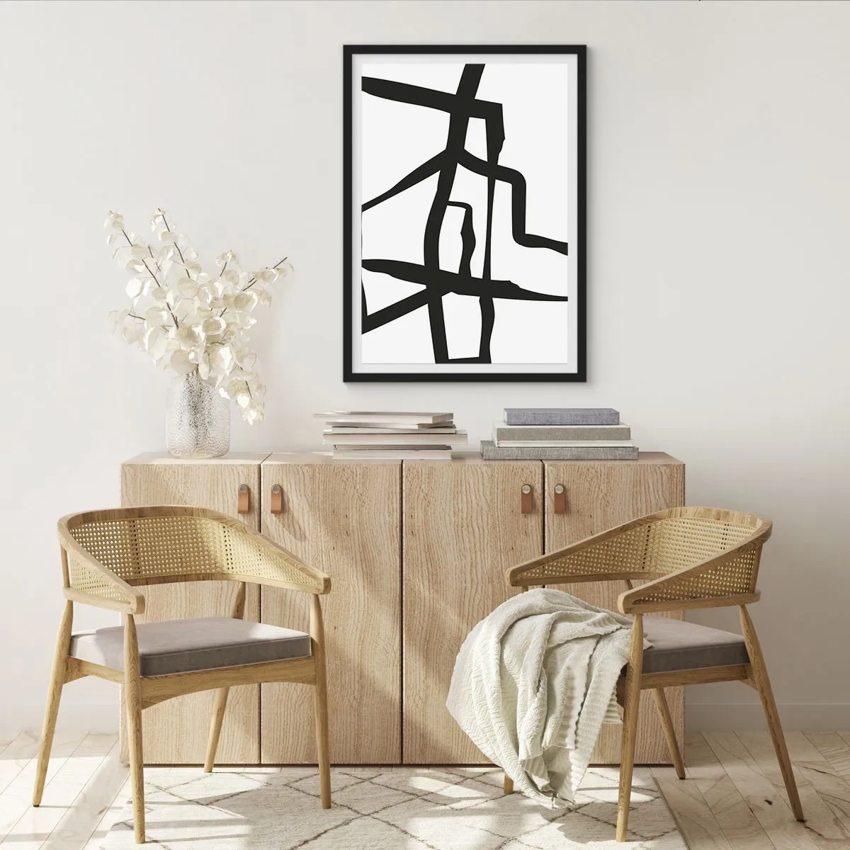 Poster in einem schwarzem Rahmen - Abstrakte Komposition aus schwarzen Linien auf weißem Hintergrund - 50x70cm - Schwarz-Weiß-Design - Moderne Wanddekoration für Wohnzimmer und Schlafzimmer ARTTOR