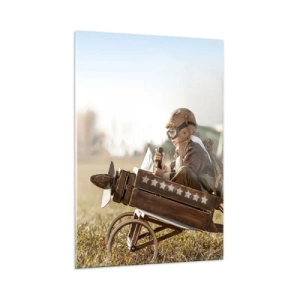 Glasbild - Bild auf glas - Ein Kind in einem Holzflugzeug, das in Fliegerkleidung vorgibt, ein Pilot zu sein. - 50x70cm - Start in Richtung eines Traums - Moderne Wanddekoration für Wohnzimmer und Schlafzimmer ARTTOR