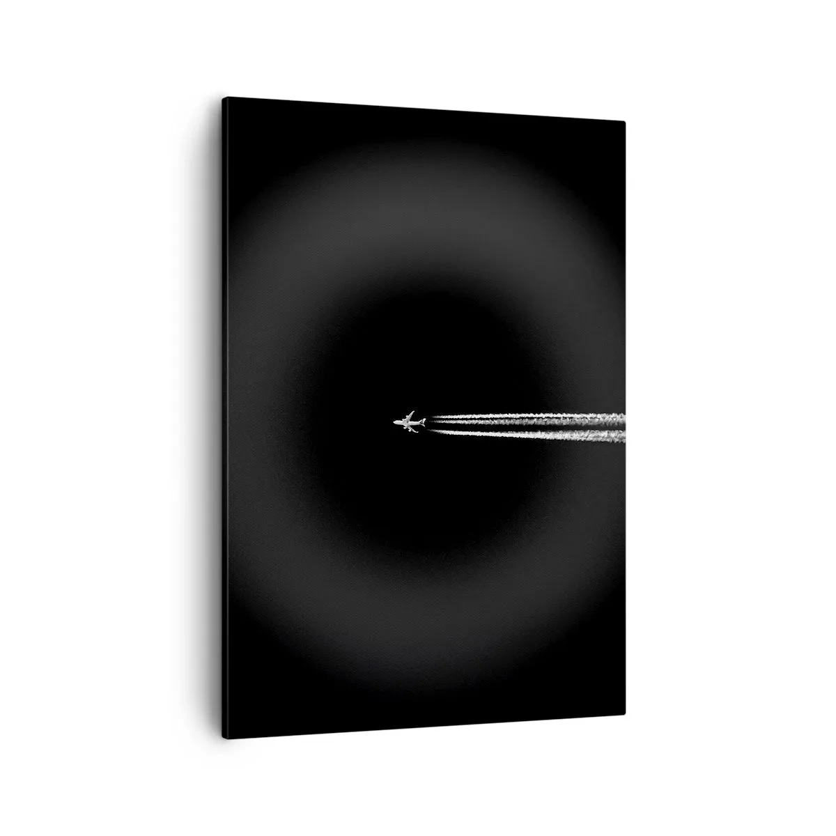 Bild auf Leinwand - Leinwandbild - Ein Düsenflugzeug mit sichtbarem Kondensstreifen auf schwarzem Hintergrund - 50x70cm - In eine andere Dimension - Moderne Wanddekoration für Wohnzimmer und Schlafzimmer ARTTOR