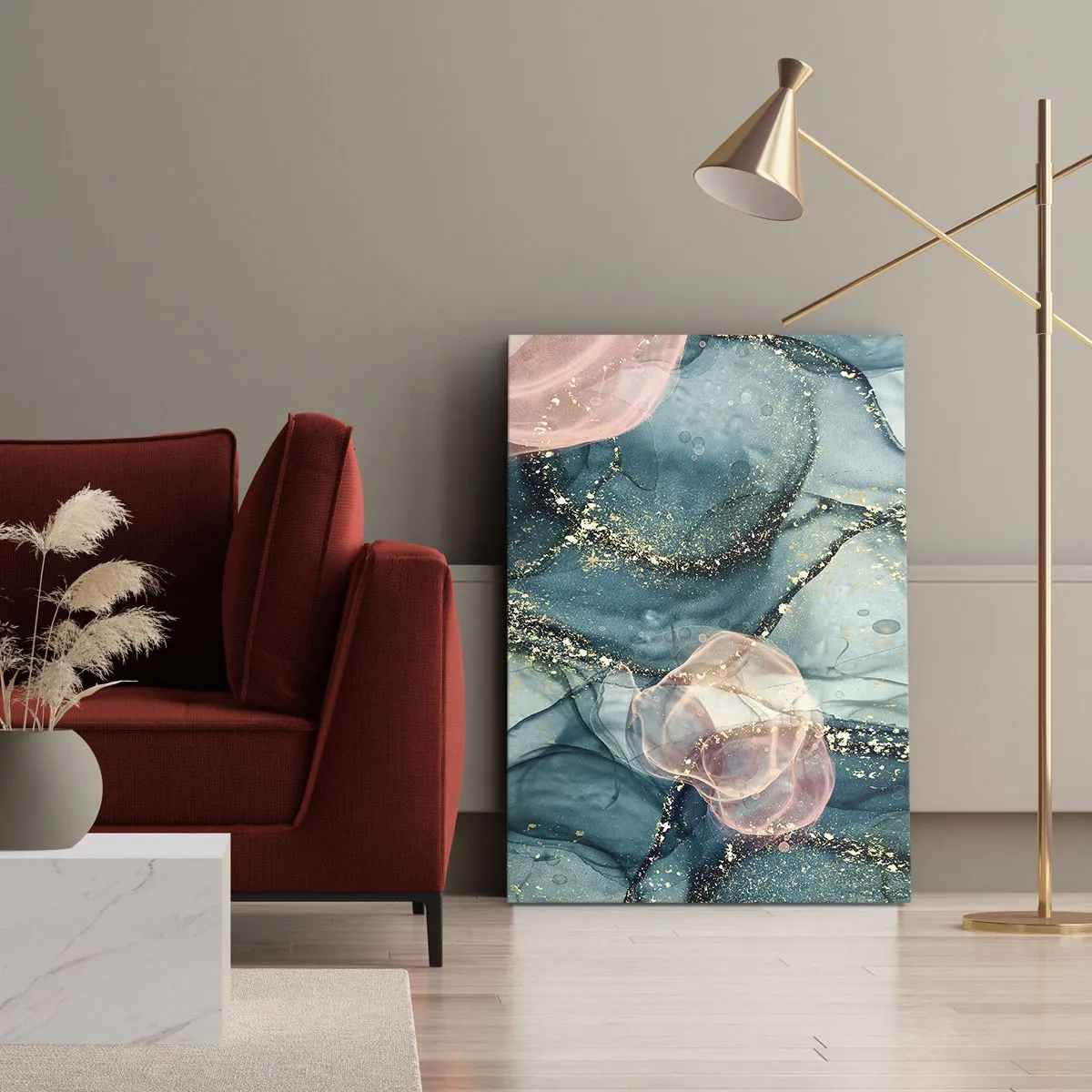 Bild auf Leinwand - Leinwandbild - Eine abstrakte Komposition in Türkis- und Goldtönen. - 50x70cm - Seidenblau, Tüllrosa - Moderne Wanddekoration für Wohnzimmer und Schlafzimmer ARTTOR
