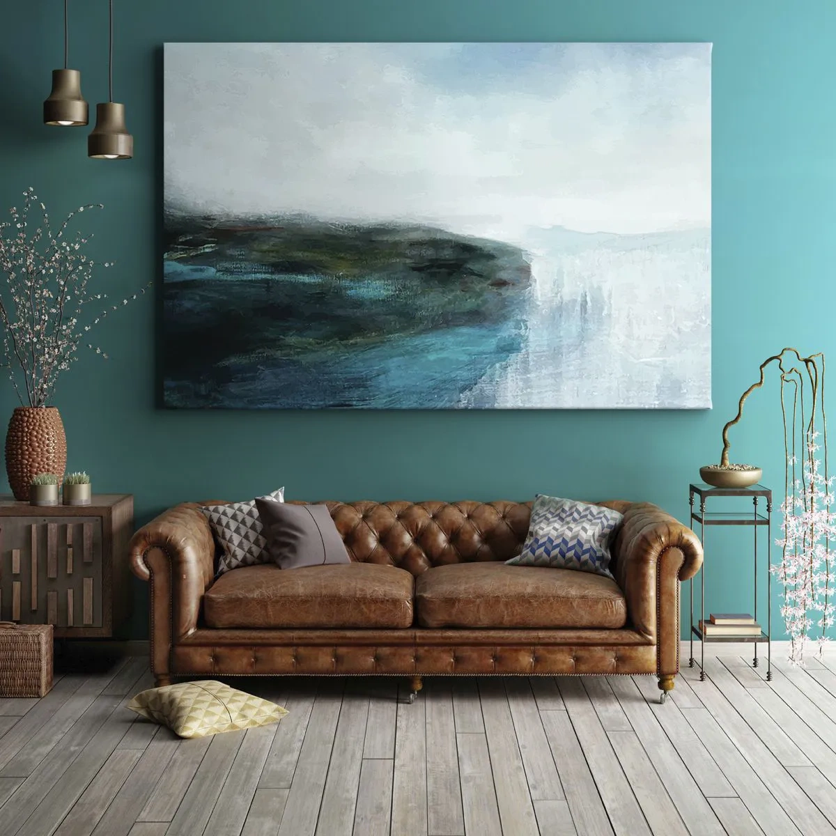 Bild auf Leinwand - Leinwandbild - Abstrakte Landschaft in Türkis- und Grautönen - 70x50cm - Nautische Abstraktion - Moderne Wanddekoration für Wohnzimmer und Schlafzimmer ARTTOR