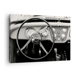 Bild auf Leinwand - Leinwandbild - Schwarz-weißes Oldtimer-Interieur - 70x50cm - Ein Sammlertraum - Moderne Wanddekoration für Wohnzimmer und Schlafzimmer ARTTOR