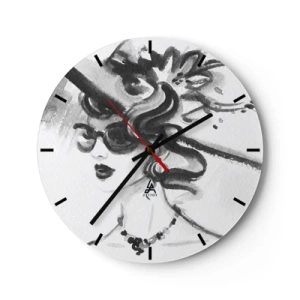 Wanduhr - Glasuhr - Schwarz-Weiß-Skizze einer eleganten Frau mit Brille und Hut. - 30x30cm - Eine Dame mit Charakter - Moderne Wanddekoration für Wohnzimmer, Küche und Schlafzimmer ARTTOR