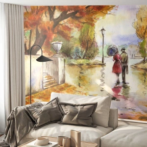 Fototapete Premium Sand - Herbstspaziergang eines Paares im Regen, Aquarellillustration - 100x70cm - Romantischer Herbst im Park - Moderne Wanddekoration für Wohnzimmer und Schlafzimmer ARTTOR