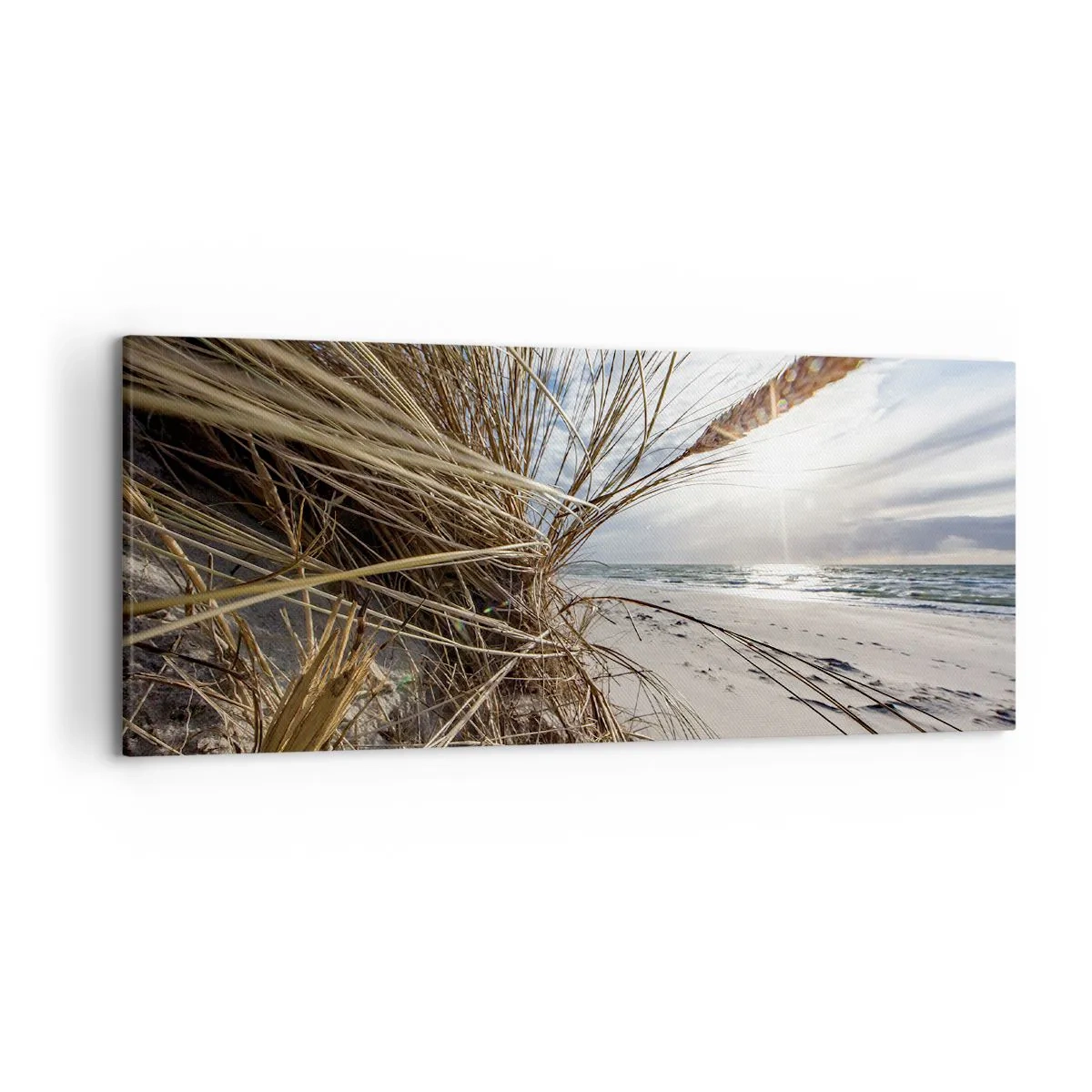 Bild auf Leinwand - Leinwandbild - Ein Strand mit trockenem Gras auf den Dünen und Blick auf das Meer - 120x50cm - Ein Treffen der Elemente der Natur - Moderne Wanddekoration für Wohnzimmer und Schlafzimmer ARTTOR
