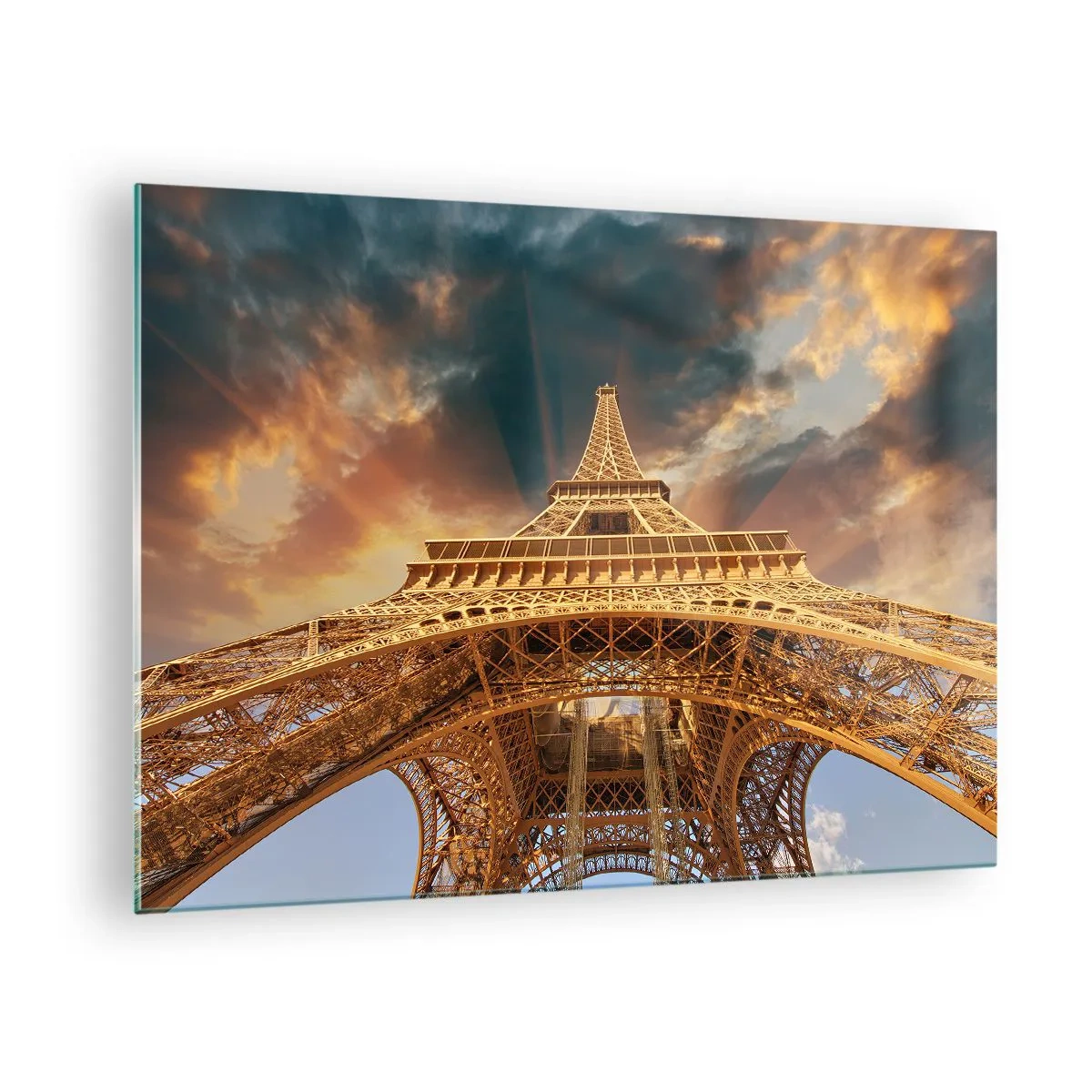 Glasbild - Bild auf glas - Der Eiffelturm aus der Froschperspektive - 70x50cm - Wie die Menschheit den Himmel erreichte - Moderne Wanddekoration für Wohnzimmer und Schlafzimmer ARTTOR