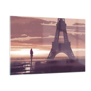 Glasbild - Bild auf glas - Der Eiffelturm bei Sonnenuntergang mit der Silhouette einer Person - 120x80cm - Nur zwei davon - Moderne Wanddekoration für Wohnzimmer und Schlafzimmer ARTTOR