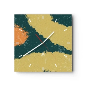 Wanduhr - Glasuhr - Abstrakte Flecken in erdigen und grünen Farben - 30x30cm - Abstraktion – langsame Bewegung - Moderne Wanddekoration für Wohnzimmer und Schlafzimmer ARTTOR