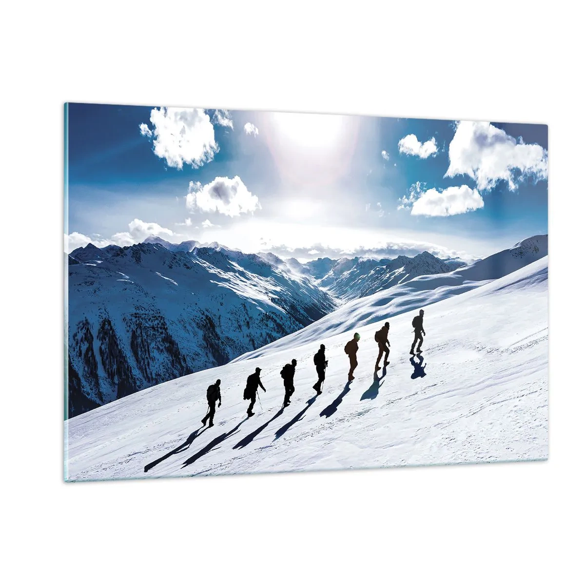 Glasbild - Bild auf glas - Gruppenklettern an einem schneebedeckten Hang in den Bergen - 120x80cm - Das Team der Eroberer - Moderne Wanddekoration für Wohnzimmer und Schlafzimmer ARTTOR
