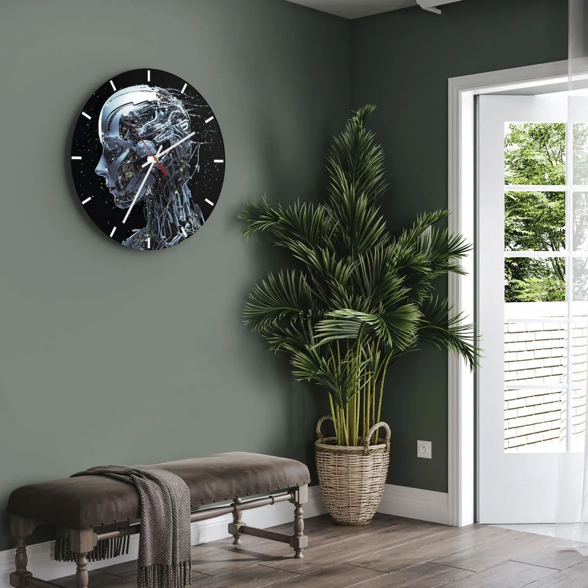 Wanduhr - Glasuhr - Profil eines humanoiden Roboters aus futuristischen Kabeln - 30x30cm - Technologie ist eine Frau - Moderne Wanddekoration für Wohnzimmer, Küche und Schlafzimmer ARTTOR