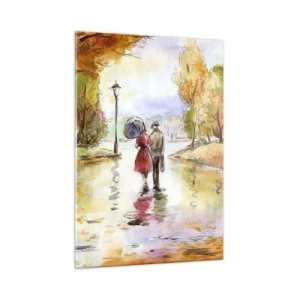 Glasbild - Bild auf glas - Herbstspaziergang eines Paares durch einen Park mit bunten Blättern - 50x70cm - Romantischer Herbst im Park - Moderne Wanddekoration für Wohnzimmer und Schlafzimmer ARTTOR
