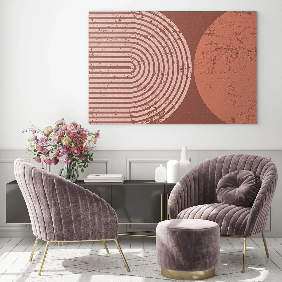 Glasbild - Bild auf glas - Geometrische rostfarbene Grafik mit einem Halbkreis und einem Kreis - 120x80cm - Enge Beziehung - Moderne Wanddekoration für Wohnzimmer und Schlafzimmer ARTTOR