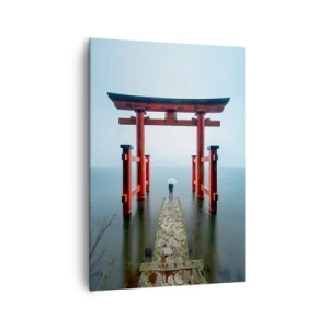Bild auf Leinwand - Leinwandbild - Ein Torii-Tor mit Blick auf einen ruhigen See in Japan - 70x100cm - Japanische Träumerei - Moderne Wanddekoration für Wohnzimmer und Schlafzimmer ARTTOR