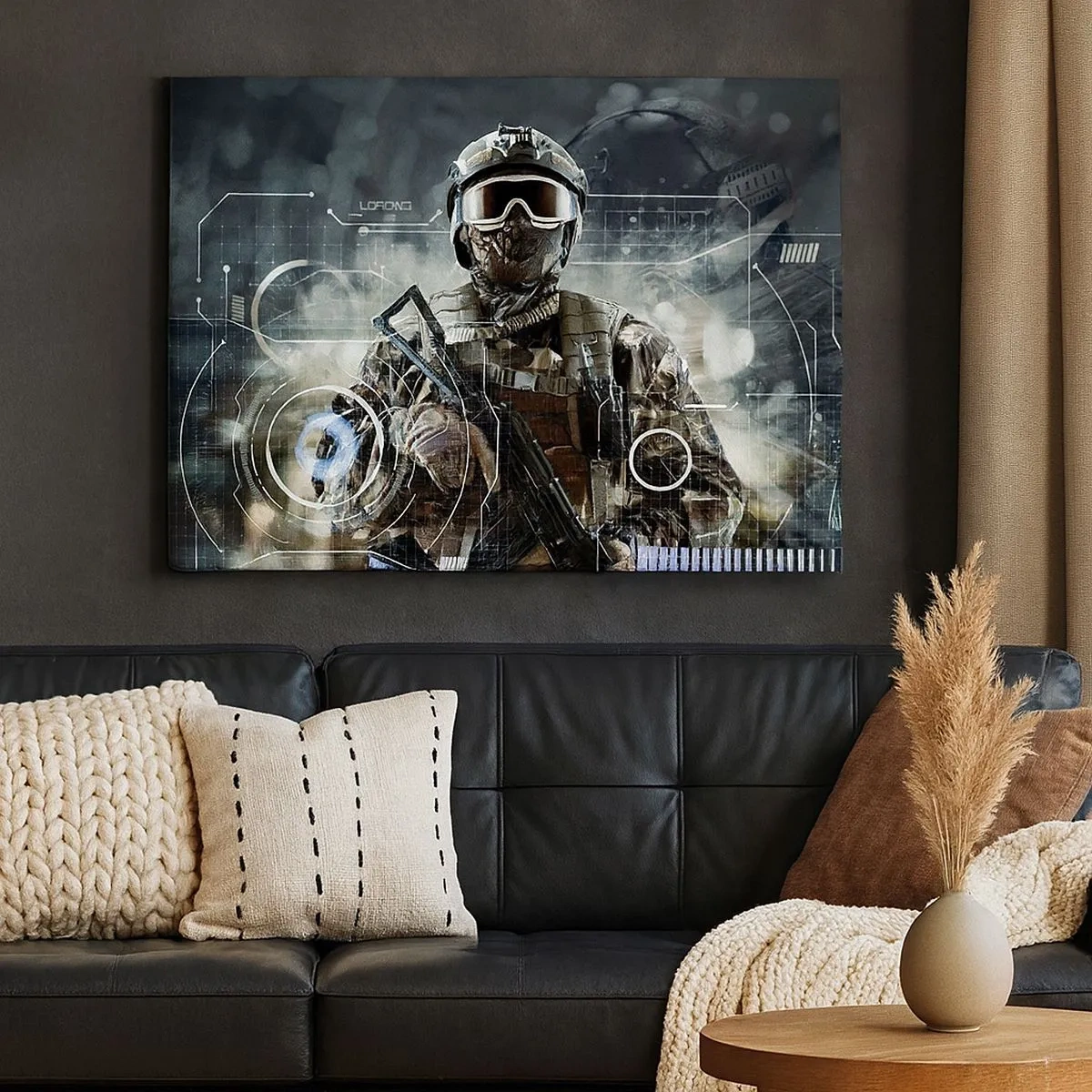 Bild auf Leinwand - Leinwandbild - Ein Soldat in einem futuristischen Helm mit einer Waffe vor dem Hintergrund der Technologie. - 70x50cm - Macht zu Macht - Moderne Wanddekoration für Wohnzimmer und Schlafzimmer ARTTOR