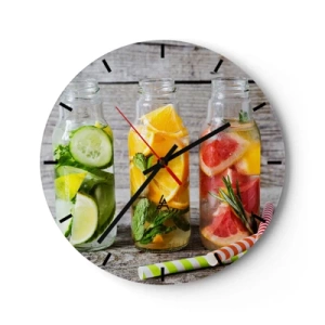 Wanduhr - Glasuhr - Drei Flaschen Wasser mit Frucht- und Kräutergeschmack - 30x30cm - Von Natur aus gesund - Moderne Wanddekoration für Wohnzimmer, Küche und Schlafzimmer ARTTOR
