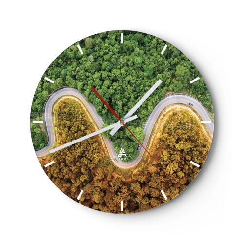Wanduhr - Glasuhr - Eine kurvenreiche Asphaltstraße, die durch den Wald führt, von oben gesehen - 30x30cm - Grenzen und Durchbrüche - Moderne Wanddekoration für Wohnzimmer, Küche und Schlafzimmer ARTTOR