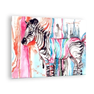Glasbild - Bild auf glas - Buntes Zebra im Aquarellstil - 70x50cm - Unbeschwerter Witz der Natur - Moderne Wanddekoration für Wohnzimmer und Schlafzimmer ARTTOR
