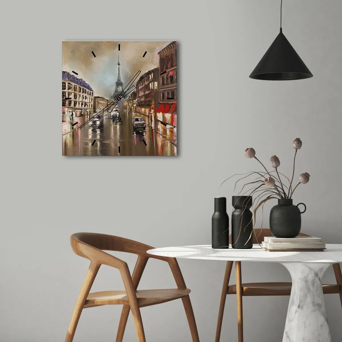 Wanduhr - Glasuhr - Abendliches Straßenbild von Paris mit Blick auf den Eiffelturm - 30x30cm - Nur sie zählt - Moderne Wanddekoration für Wohnzimmer und Schlafzimmer ARTTOR