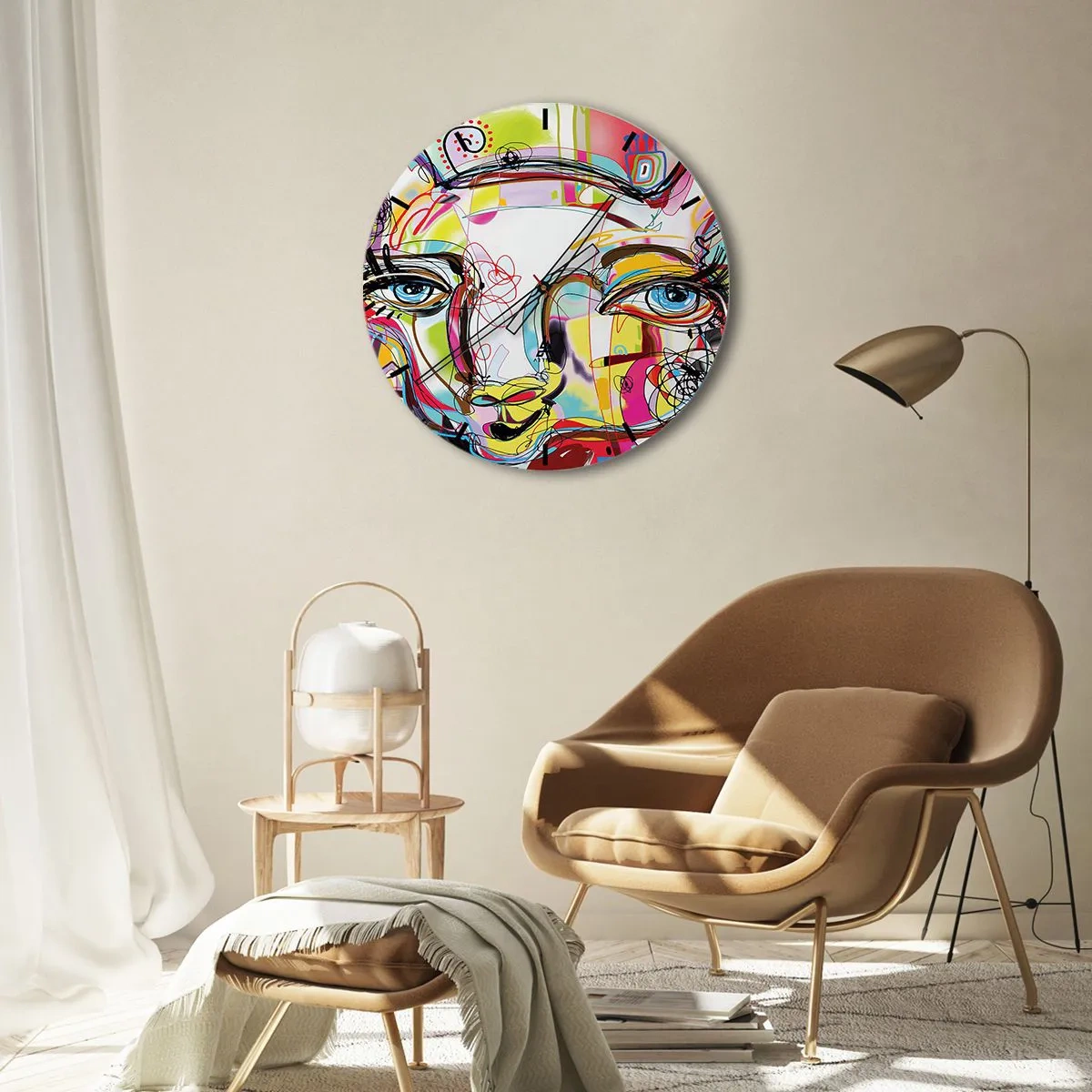 Wanduhr - Glasuhr - Farbenfrohes abstraktes Porträt mit ausdrucksstarken Augen - 30x30cm - Der Reichtum des Abiturs der Katze - Moderne Wanddekoration für Wohnzimmer, Küche und Schlafzimmer ARTTOR