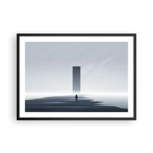 Poster in einem schwarzem Rahmen - Eine minimalistische Landschaft mit einer Silhouette neben einem rechteckigen Monolithen - 70x50cm - Chance oder Bedrohung? - Moderne Wanddekoration für Wohnzimmer und Schlafzimmer ARTTOR