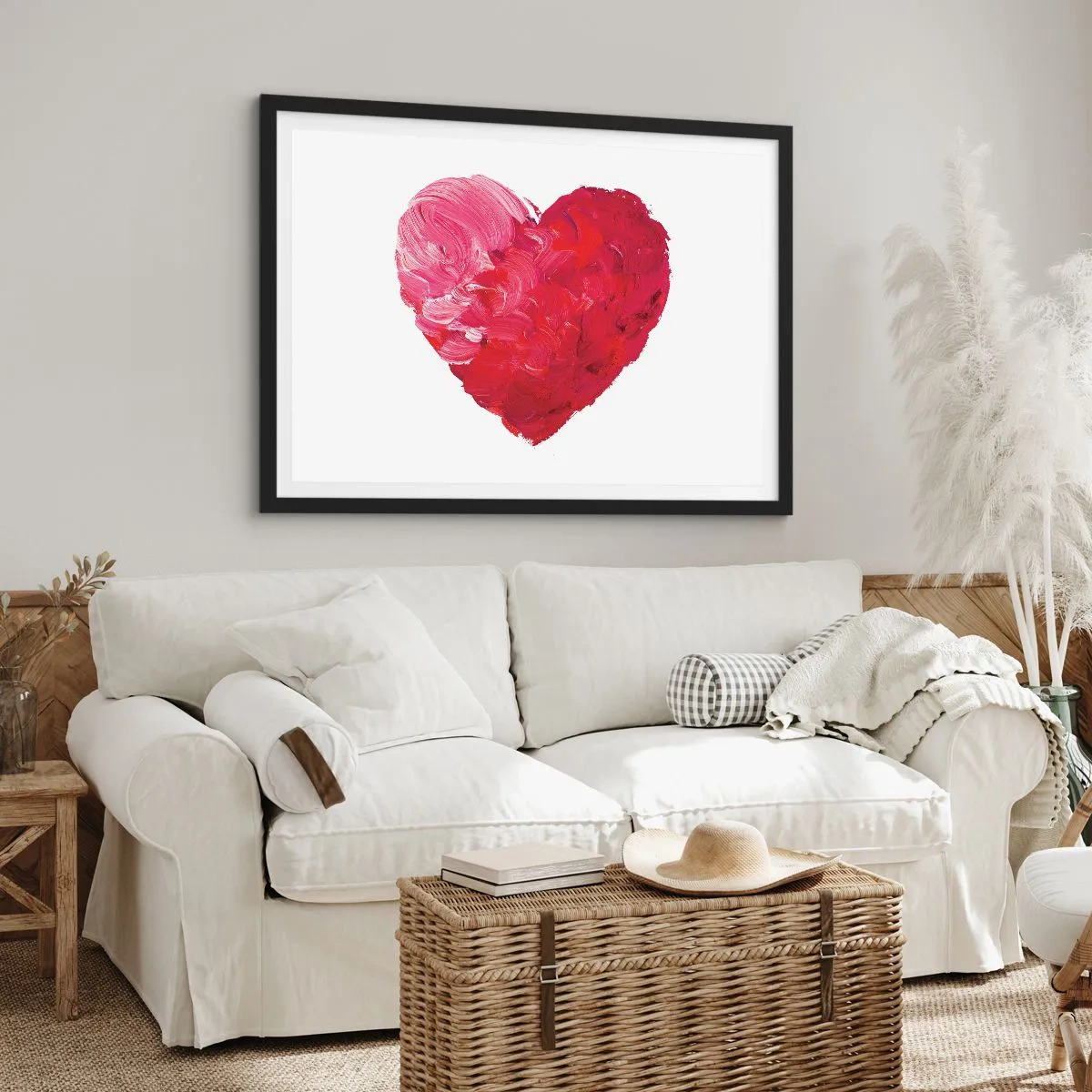 Poster in einem schwarzem Rahmen - Ein rosa und rotes Herz, mit einem Pinsel gemalt - 100x70cm - Alles was du brauchst ist Liebe - Moderne Wanddekoration für Wohnzimmer und Schlafzimmer ARTTOR
