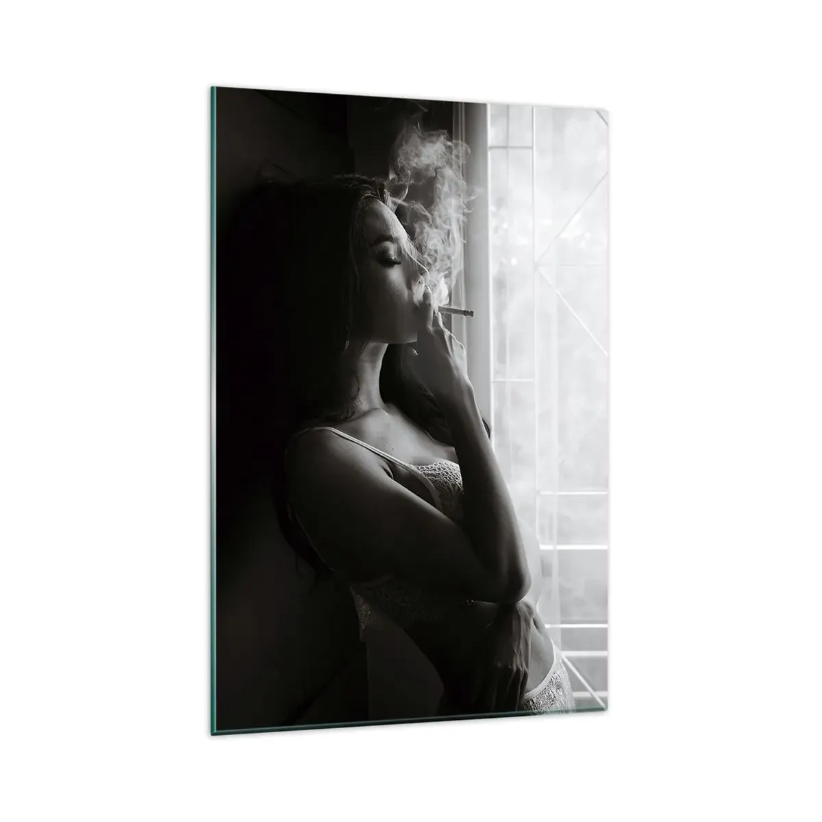 Glasbild - Bild auf glas - Eine Frau in sinnlicher Pose auf einem Schwarzweißfoto - 80x120cm - Sinnlicher Moment - Moderne Wanddekoration für Wohnzimmer und Schlafzimmer ARTTOR