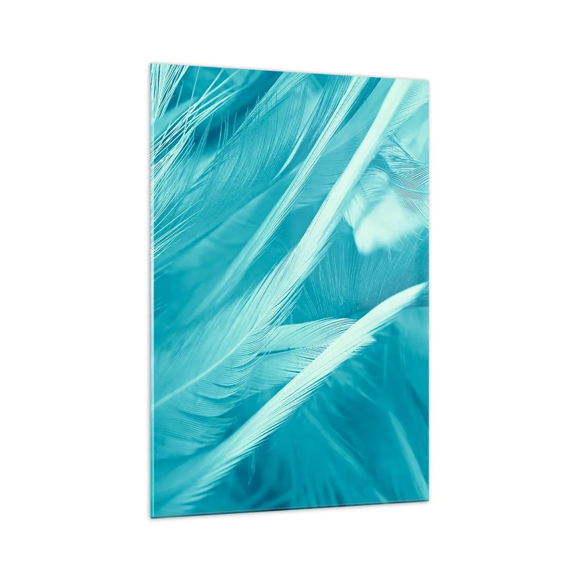 Glasbild - Bild auf glas - Zarte türkisfarbene Federn in Nahaufnahme - 70x100cm - In Pulver ertrinken - Moderne Wanddekoration für Wohnzimmer und Schlafzimmer ARTTOR