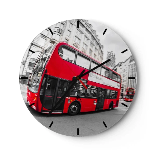 Wanduhr - Glasuhr - Ein roter Bus in London mit historischen Gebäuden im Hintergrund - 30x30cm - London traditionell - mit dem Bus - Moderne Wanddekoration für Wohnzimmer, Küche und Schlafzimmer ARTTOR