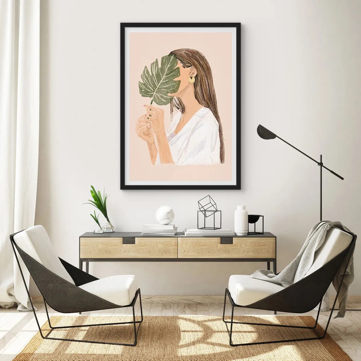 Poster in einem schwarzem Rahmen - Eine Frau bedeckt ihr Gesicht mit einem Monsterablatt. - 50x70cm - Geheimnisvolles Porträt mit Fächer - Moderne Wanddekoration für Wohnzimmer und Schlafzimmer ARTTOR