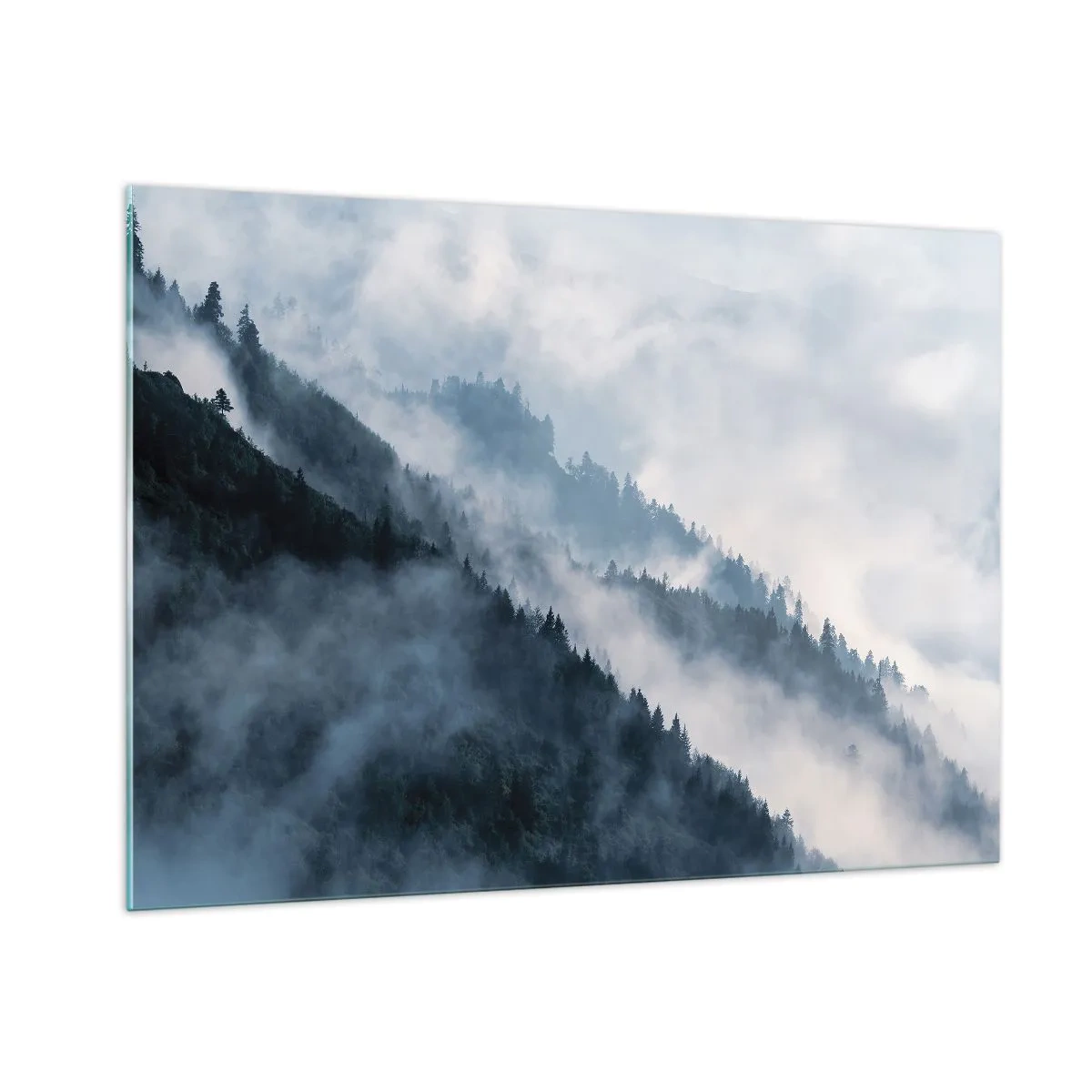 Glasbild - Bild auf glas - Nebliges Bergpanorama mit dunklem Wald - 100x70cm - Mystik der Berge - Moderne Wanddekoration für Wohnzimmer und Schlafzimmer ARTTOR