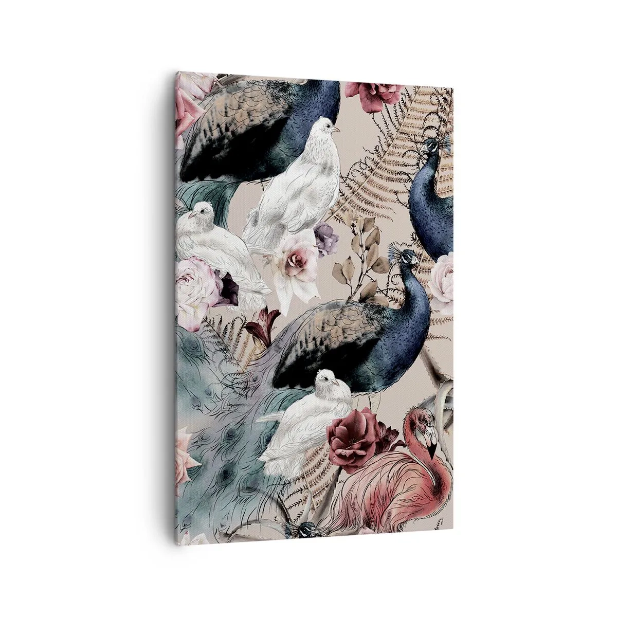 Bild auf Leinwand - Leinwandbild - Eine Landschaft mit Pfauenfedern, Rosen und Vögeln im romantischen Stil. - 80x120cm - Im Schlossgarten - Moderne Wanddekoration für Wohnzimmer und Schlafzimmer ARTTOR