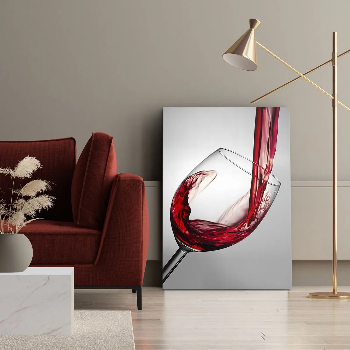 Bild auf Leinwand - Leinwandbild - Ein Glas Rotwein wird vor hellem Hintergrund eingeschenkt - 50x70cm - Farbe – Bewegung – Klang - Moderne Wanddekoration für Wohnzimmer und Schlafzimmer ARTTOR