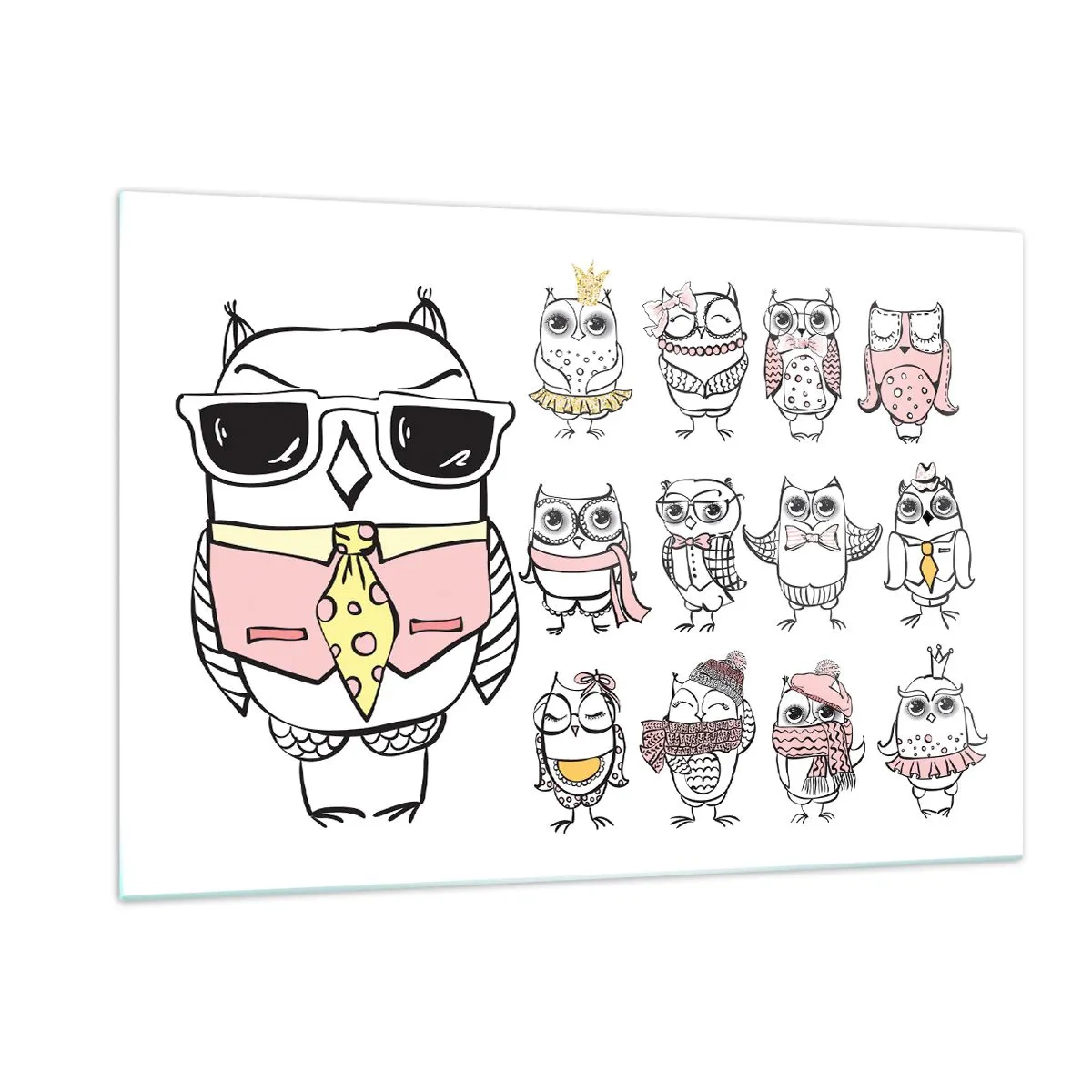 Glasbild - Bild auf glas - Lustige Eulenzeichnungen in verschiedenen Stilen - 120x80cm - So viele Rollen zu spielen - Moderne Wanddekoration für Wohnzimmer und Schlafzimmer ARTTOR