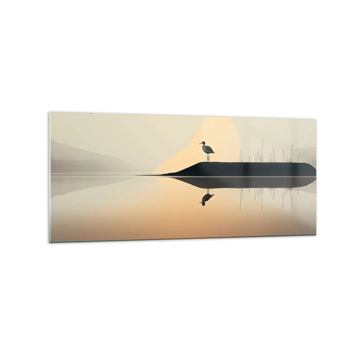 Glasbild - Bild auf glas - Ein Vogel auf einer Insel in einem ruhigen See mit warmen Farbtönen - 120x50cm - Herr am See - Moderne Wanddekoration für Wohnzimmer und Schlafzimmer ARTTOR