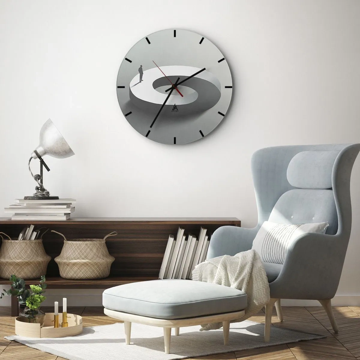 Wanduhr - Glasuhr - Eine schwarze Silhouette eines Mannes, der auf einer weißen Spiralbahn steht. - 30x30cm - Und wie soll man davon klug werden - Moderne Wanddekoration für Wohnzimmer, Küche und Schlafzimmer ARTTOR