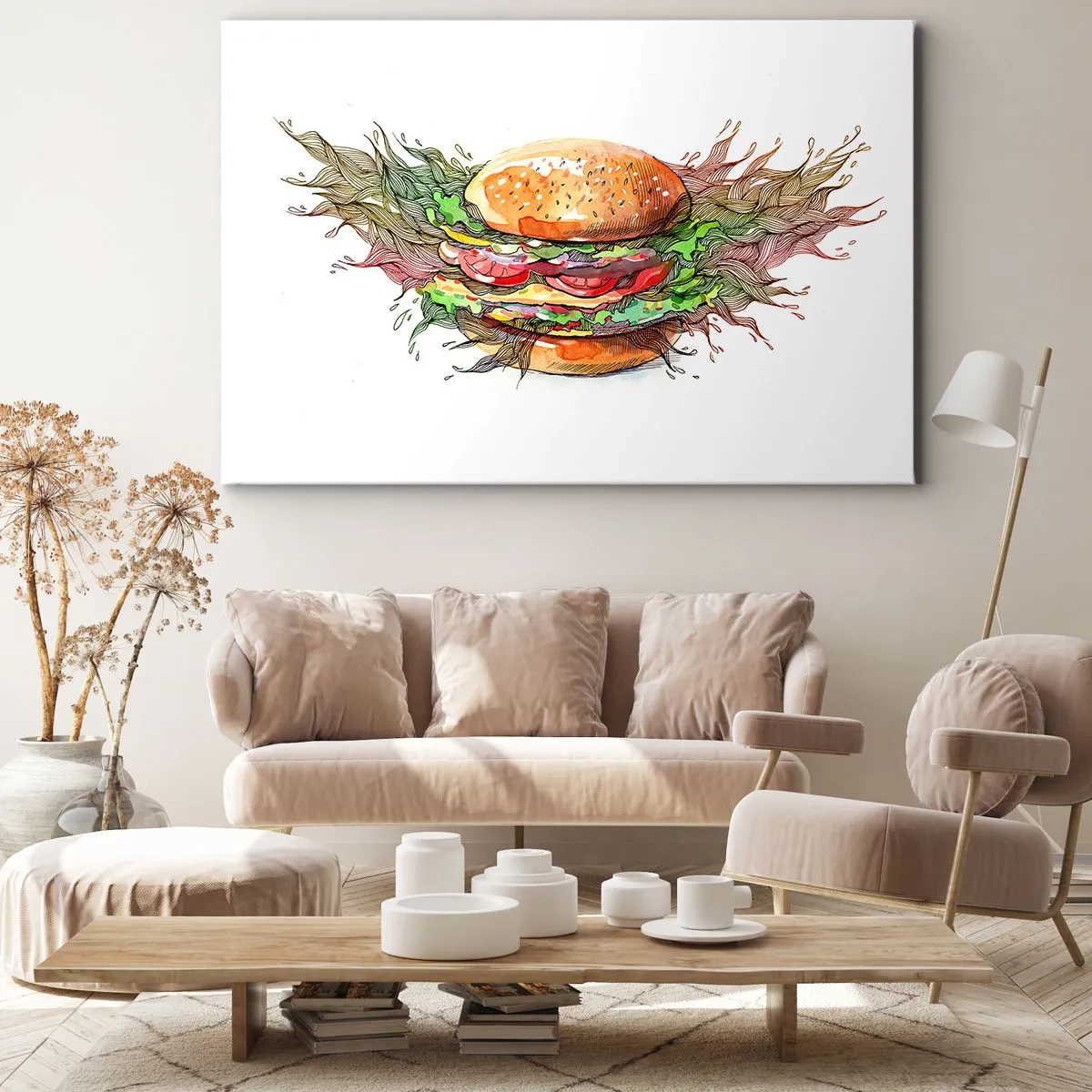 Bild auf Leinwand - Leinwandbild - Künstlerische Darstellung eines Burgers mit dynamischen Elementen - 70x50cm - Heiße Versuchung - Moderne Wanddekoration für Wohnzimmer und Schlafzimmer ARTTOR