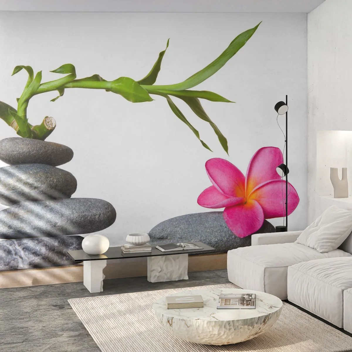 Fototapete Premium Sand - Bambus, Steine und eine rosa Blume in einer harmonischen Komposition - 100x70cm - Farben des Lebens und der Dauer - Moderne Wanddekoration für Wohnzimmer und Schlafzimmer ARTTOR